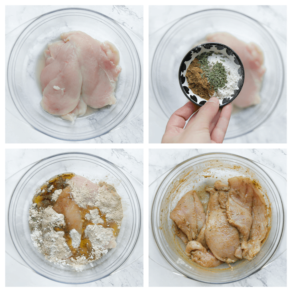 Was en snijd de kipfilet in langwerpige plakken. Doe deze in een diepe kom. Voeg het zout, knoflookpoeder, komijnpoeder, de zwarte peper en zonnebloemolie toe. Meng goed.