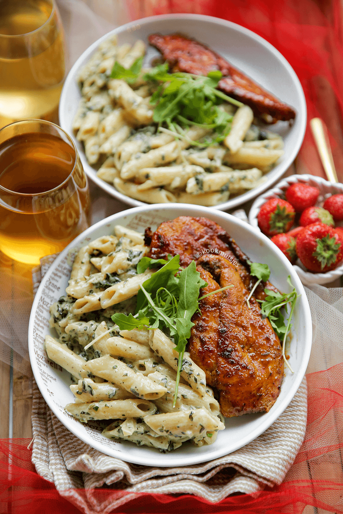 Kipfilet met penne in roomsaus eindresultaat