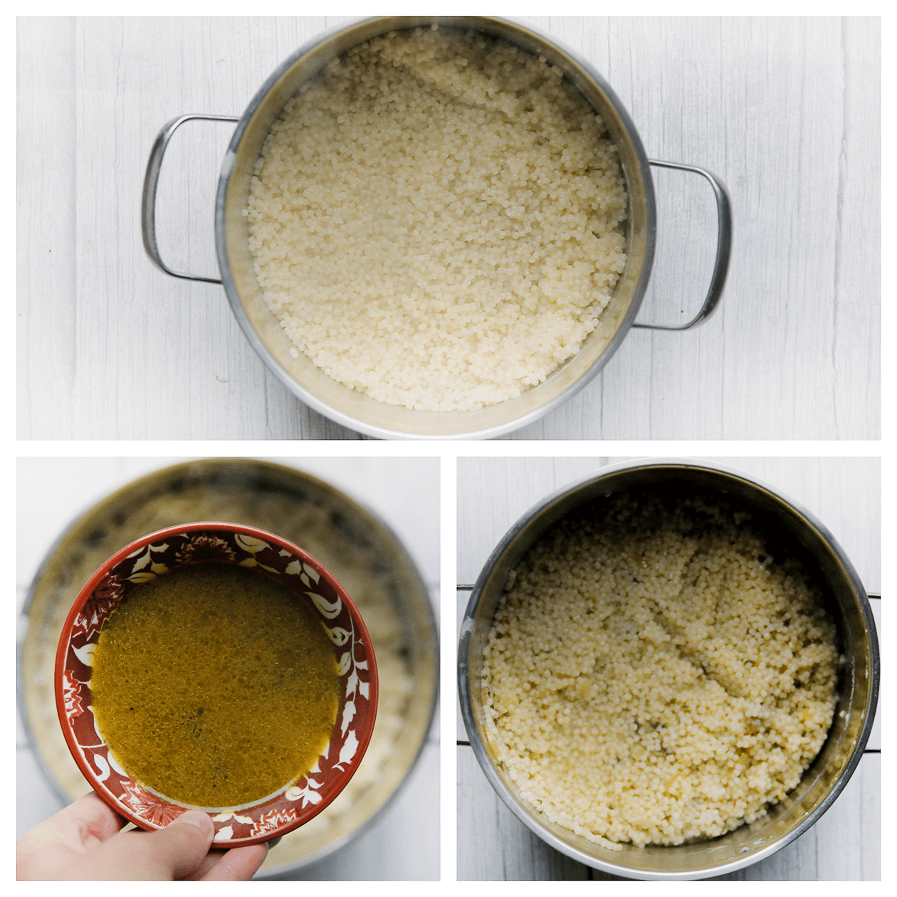 Kipjus toevoegen aan de parelcouscous en mengen tot een geheel