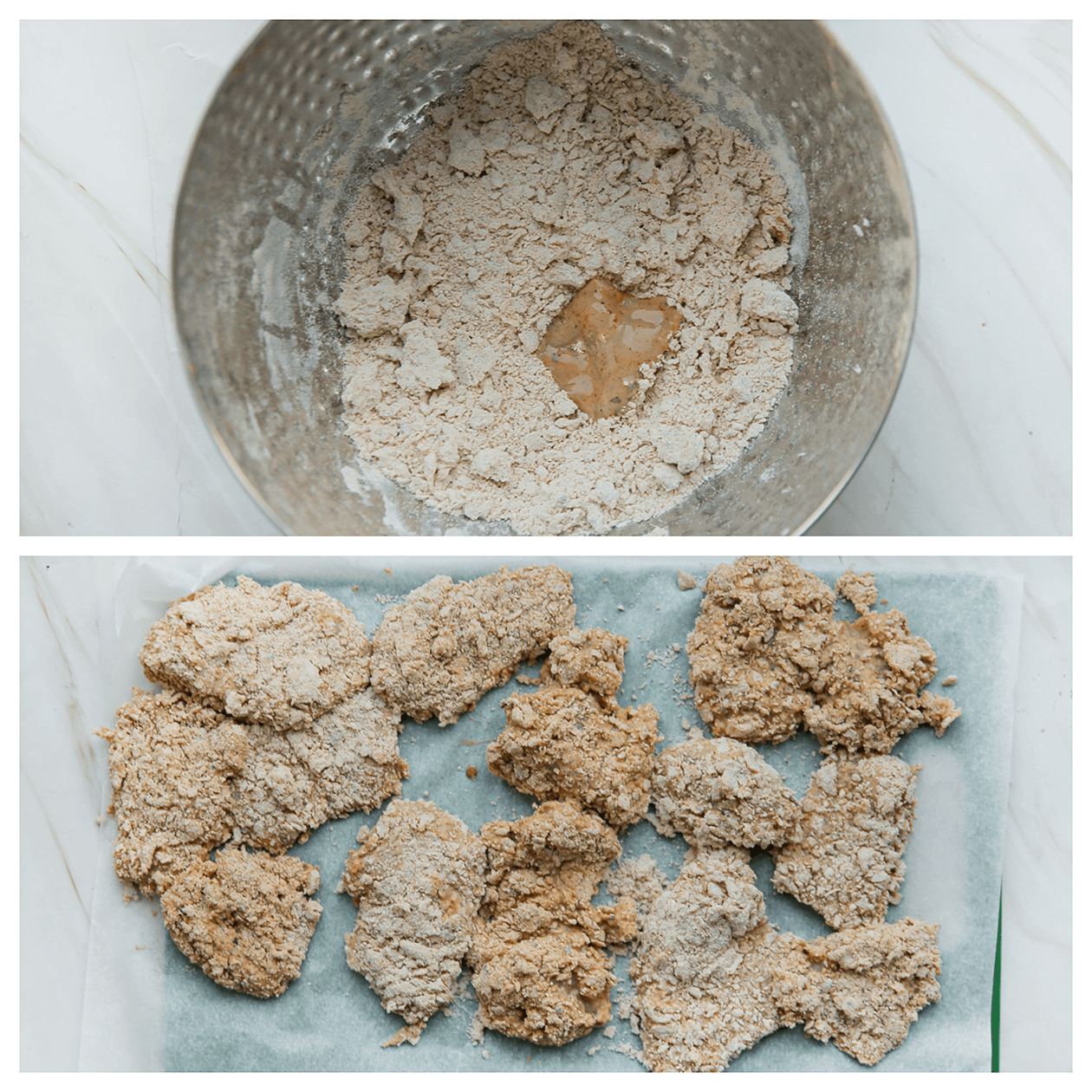 Kipmengsel door het verkruimelde bloemmengsel halen