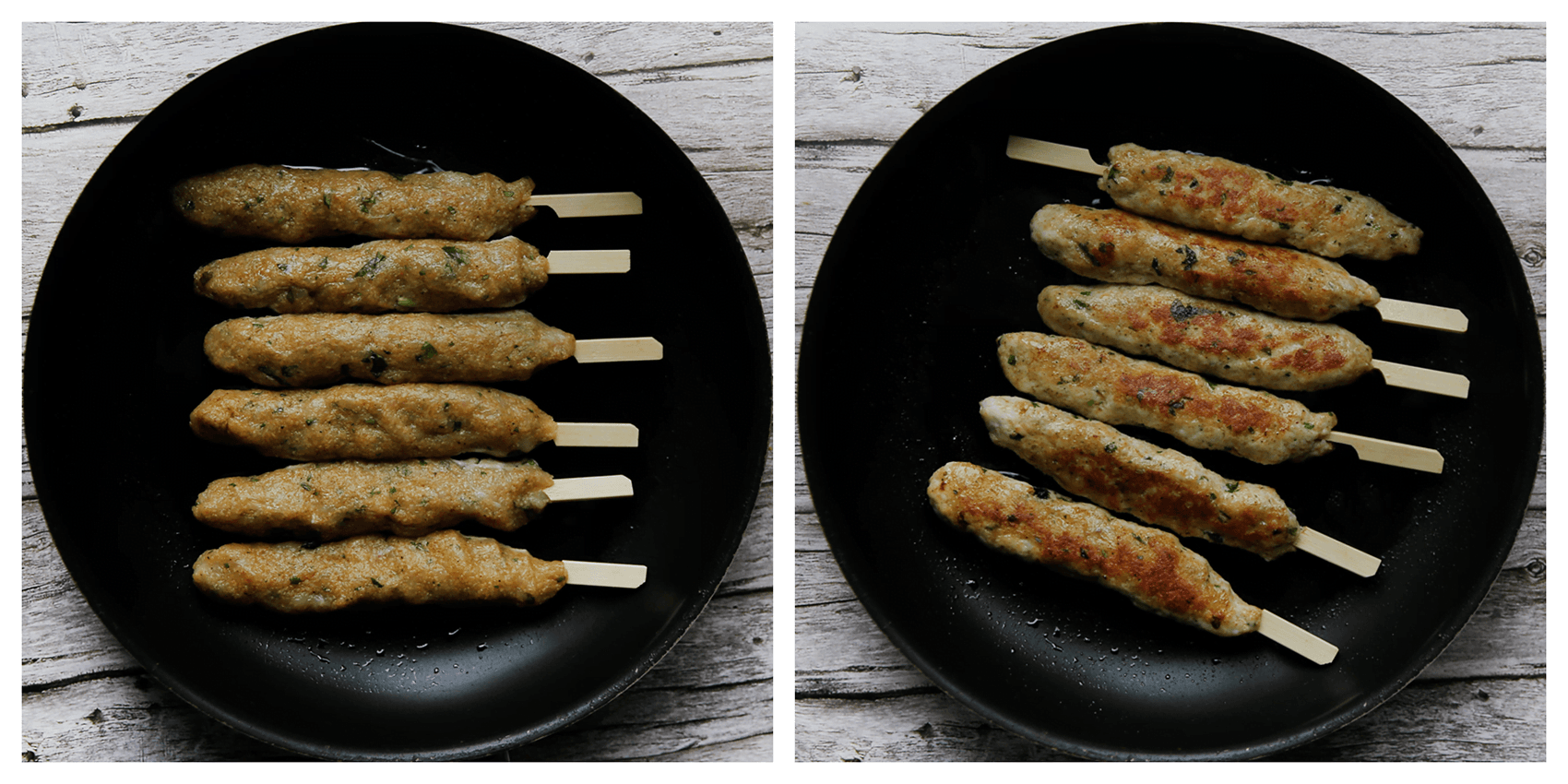 Kipspiesjes gaar bakken in een koekenpan