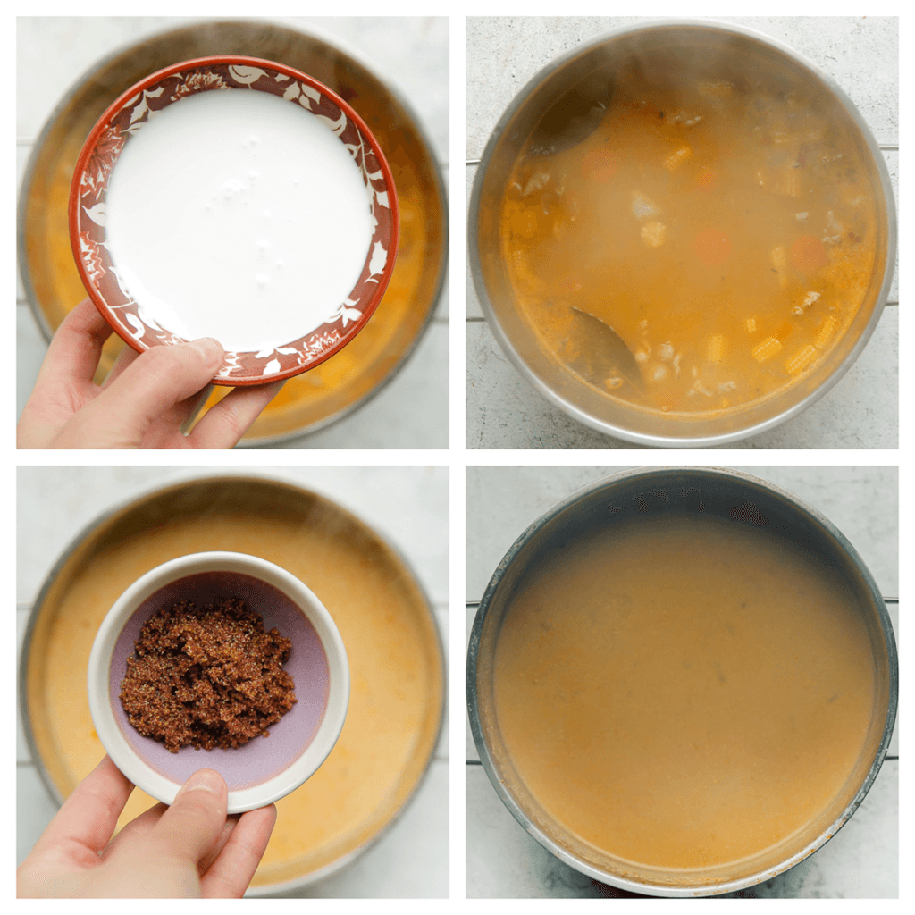 Voeg de kokosmelk en bruine basterdsuiker toe. Kook, afgedekt, 10 minuten.