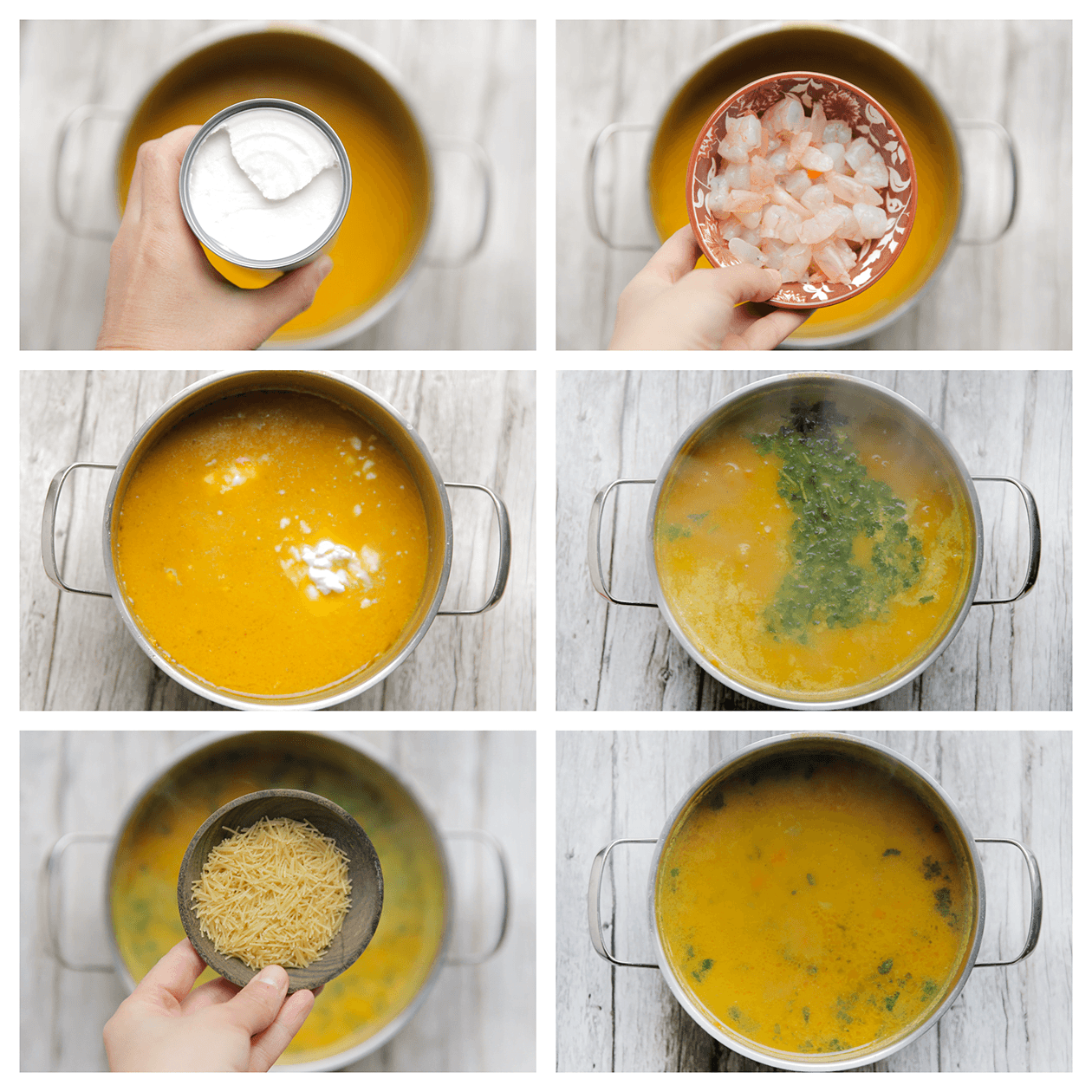 Kokosmelk, vis, peterselie en vermicelli toevoegen aan de zoete aardappelsoep en koken tot een geheel