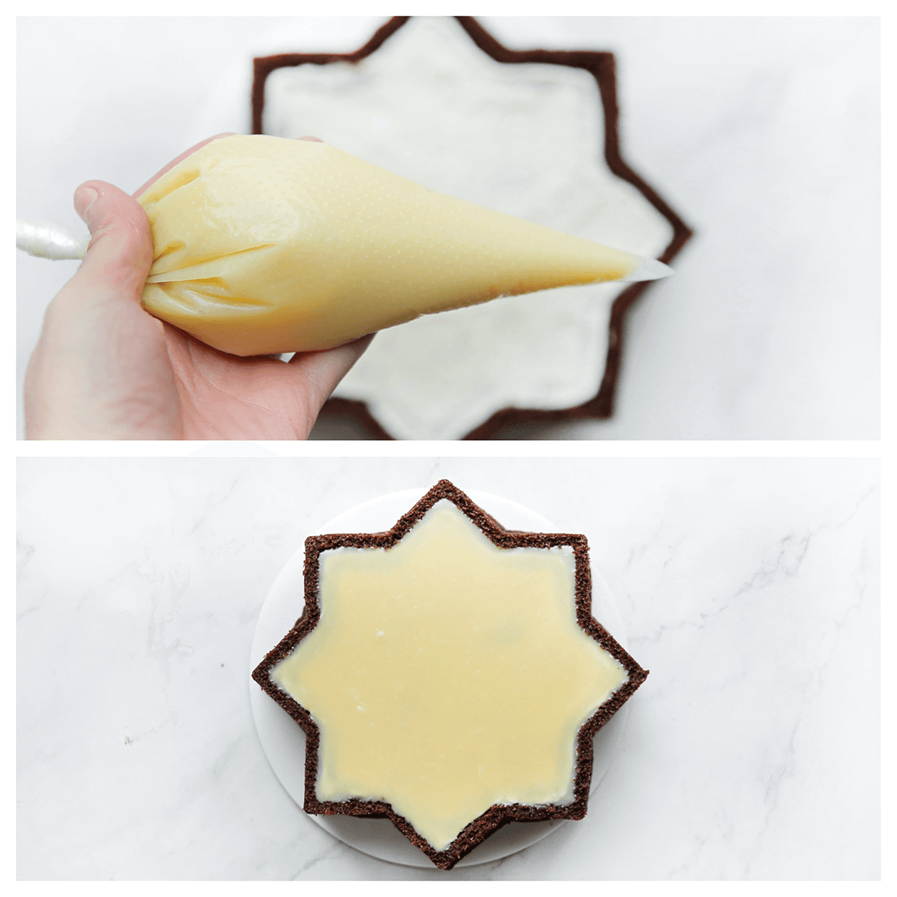 Laagje witte chocolade ganache spuiten over de oreo taart