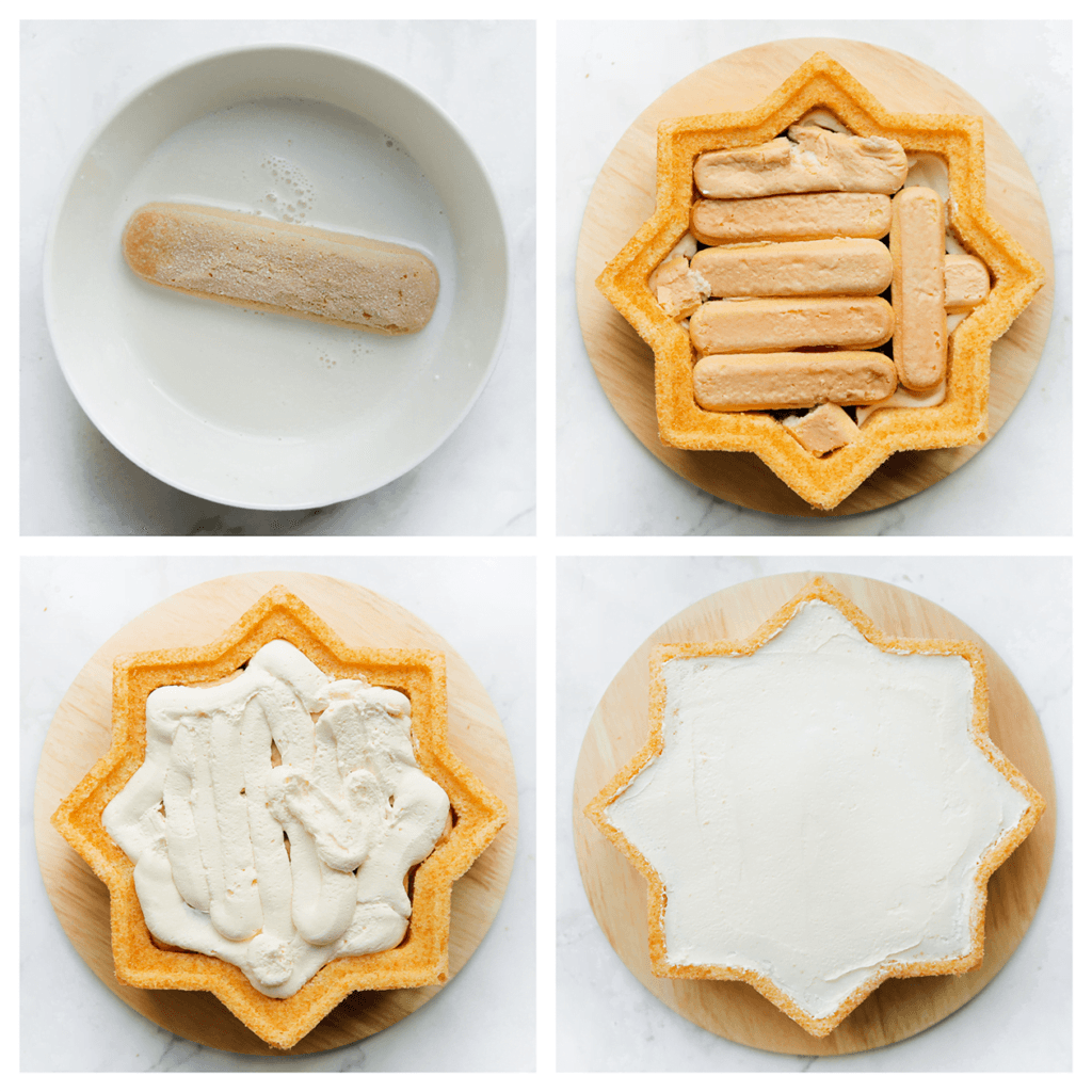 Haal de lange vingers één voor één door de melk en bedek hiermee de vlaaifruit, neem de hoekjes ook mee. Spuit er weer een laagje room op en smeer gelijkmatig uit. Laat de slagroomtaart opstijven in de koelkast, het liefst een nachtje (dek wel goed af).