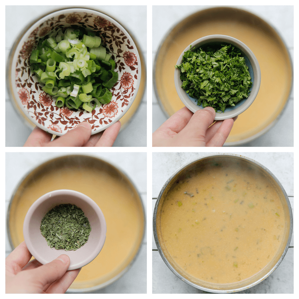 Voeg de lente ui, verse peterselie en gedroogde peterselie toe. Kook 10 minuten.