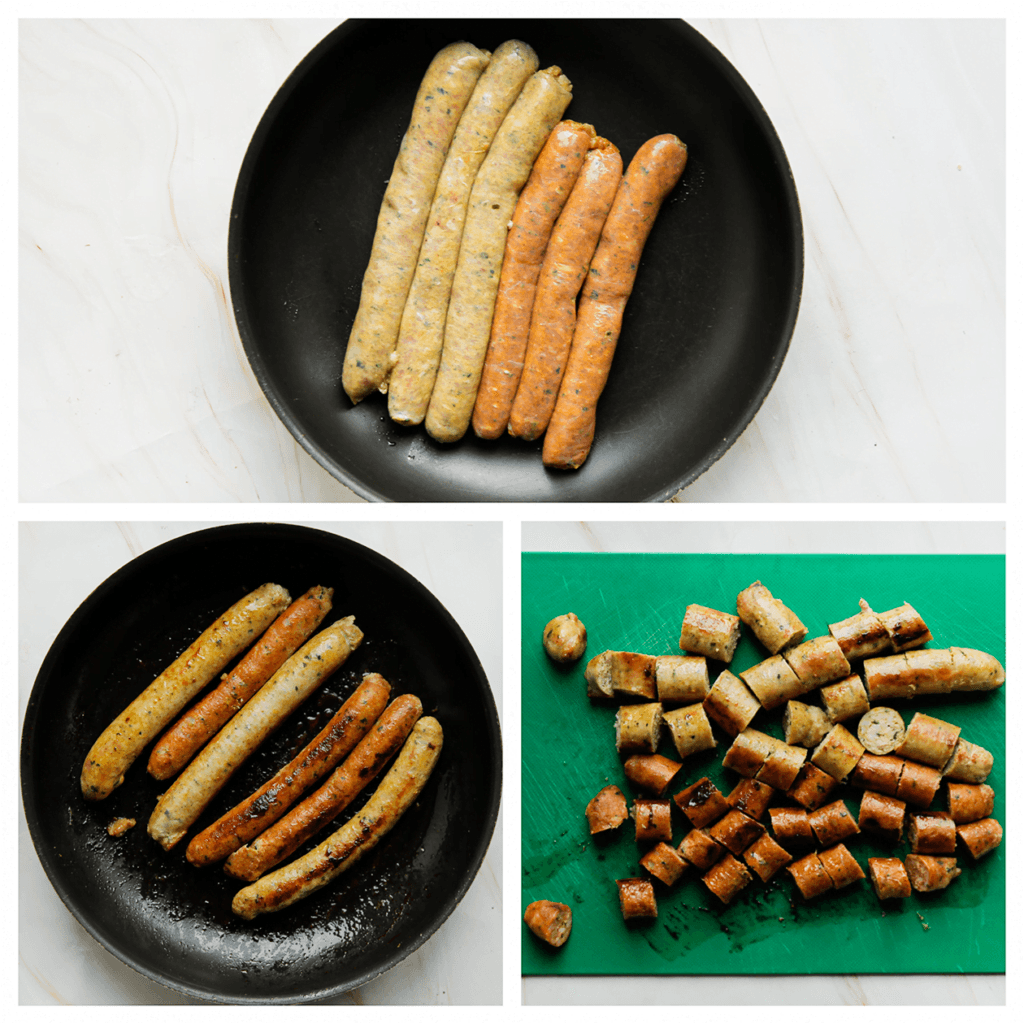 Verhit de koekenpan op middelhoog vuur. Voeg de kip merguez toe en bak aan beide kanten gaar. Schep uit de pan. Snijd de merguez in stukken.