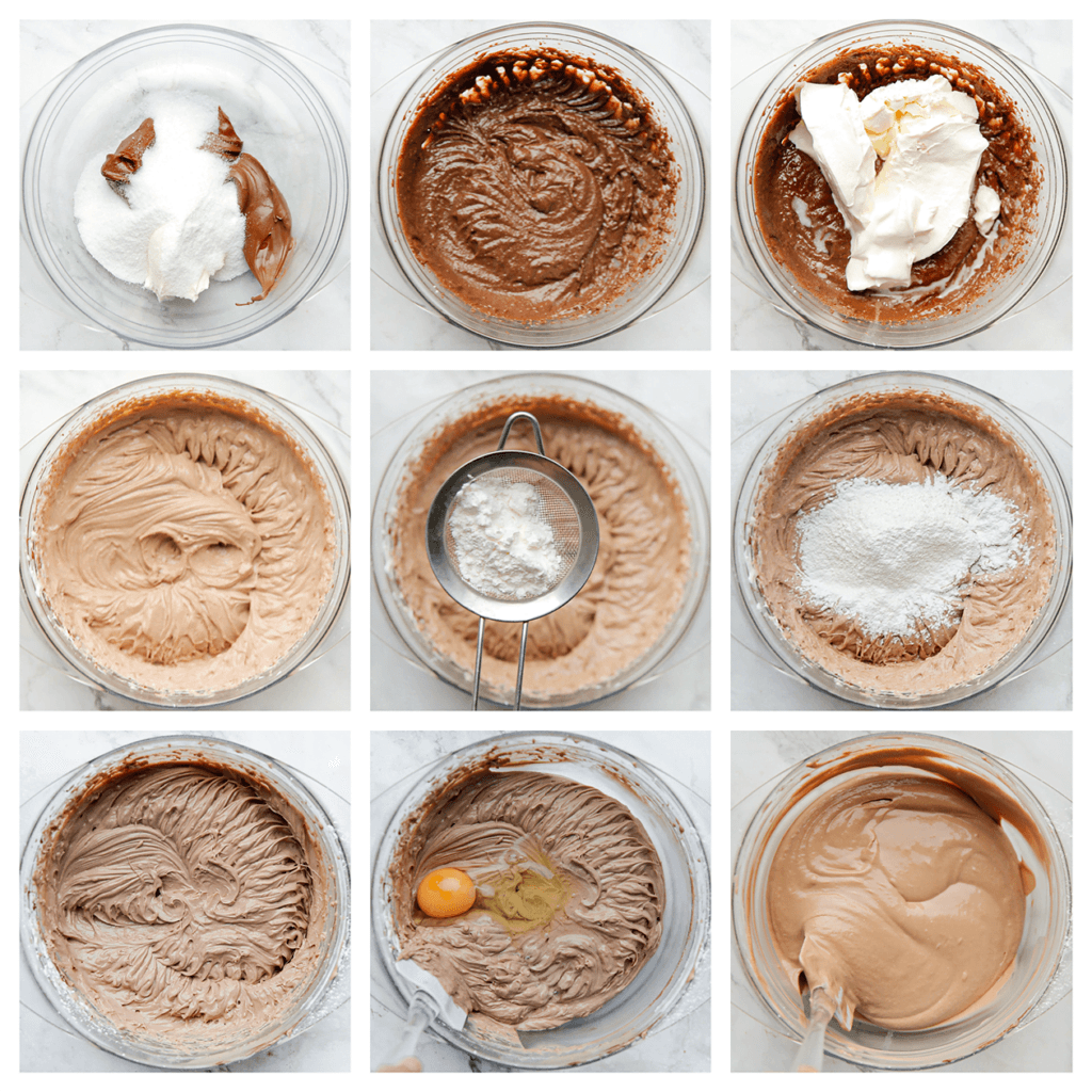 Doe de Nutella samen met 100 gram roomkaas, suiker en vanillesuiker in een diepe kom. Mix goed. Voeg de resterende 500 gr roomkaas toe en mix tot een geheel. Zeef de maïzena boven de kom en mix goed. Leg de handmixer weg en gebruik vanaf nu een spatel. Breek de eieren één voor één boven de kom. Spatel het ei luchtig door het cheesecakebeslag.