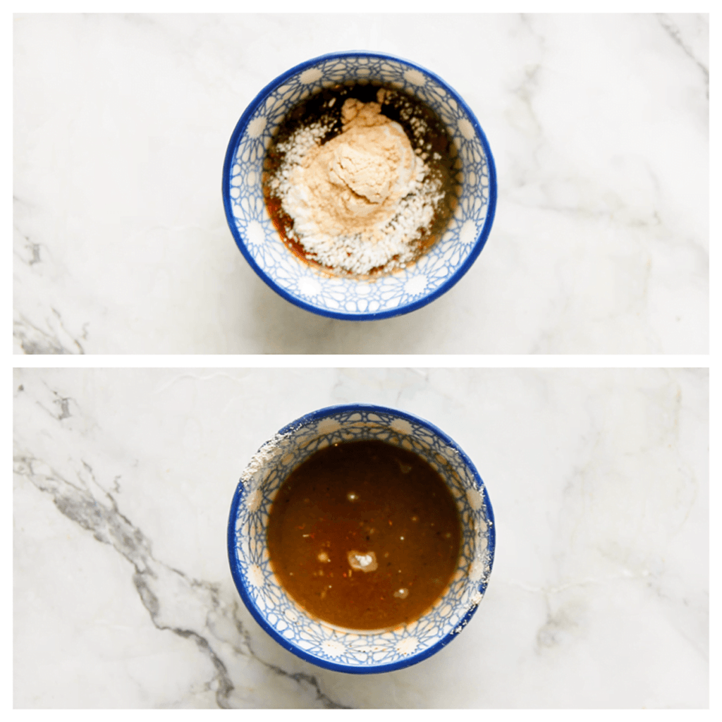 Doe de olijfolie samen met het uienpoeder, knoflookpoeder en zout in een kom. Meng goed.