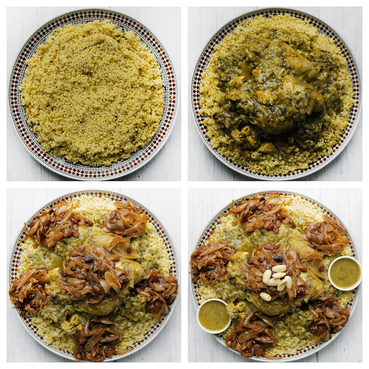 Parelcouscous en kip verdelen over een groot bord