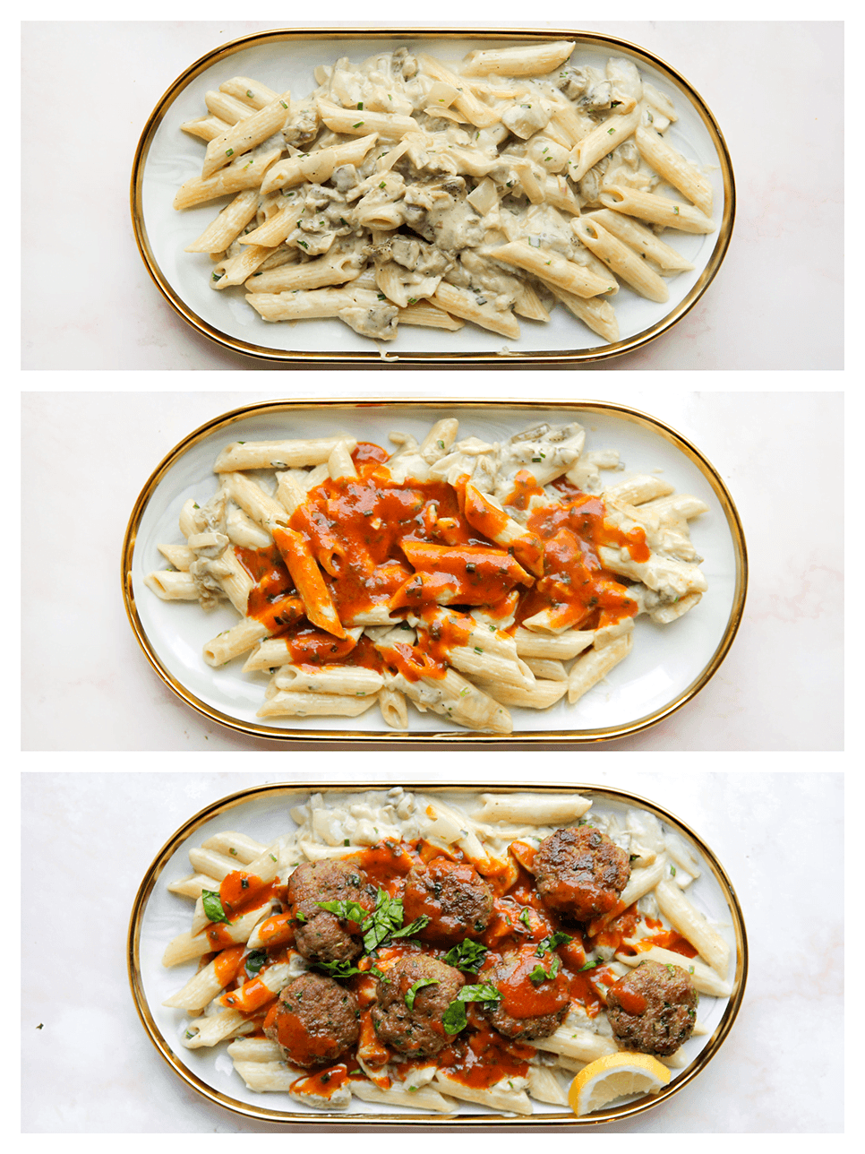 Pasta, tomatensaus en gehakt verdelen over een bord