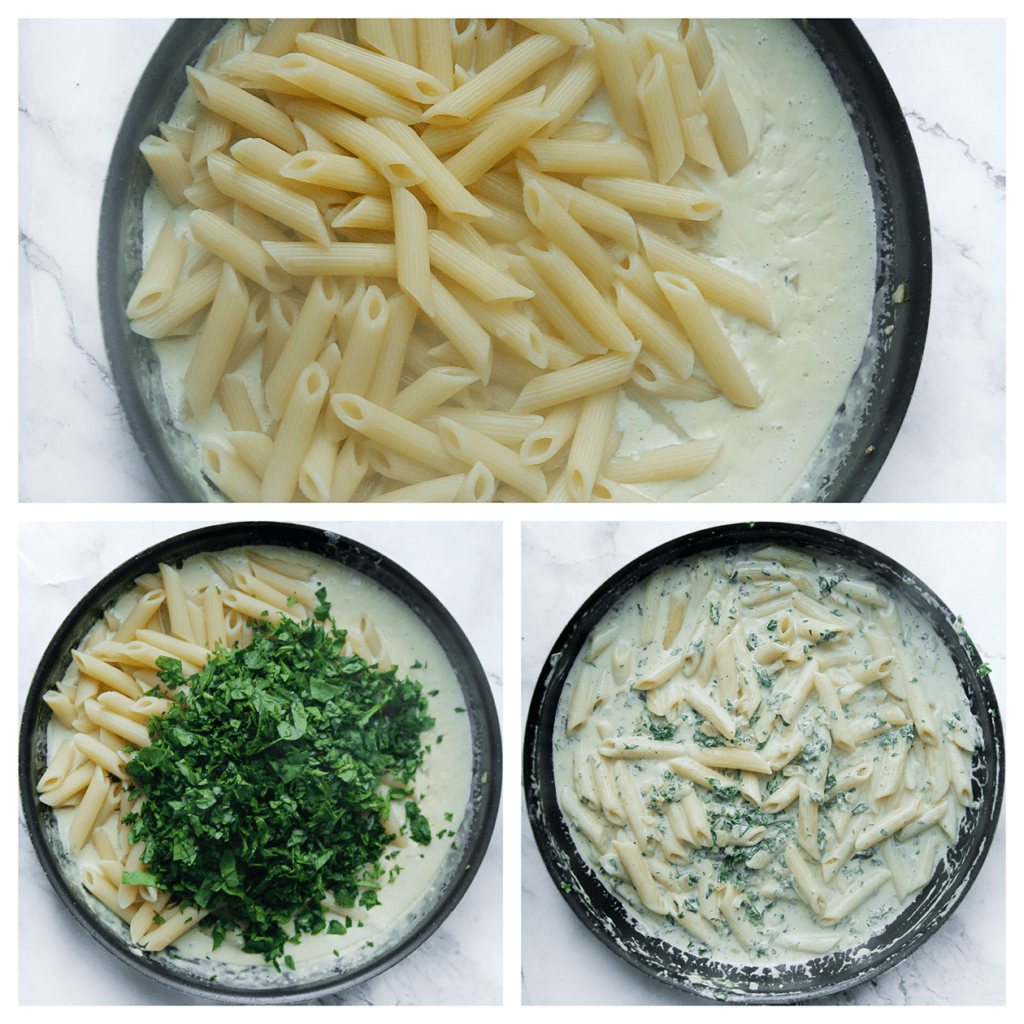 Voeg de penne en gehakte spinazie toe. Kook 2 minuten of tot de saus goed is ingetrokken in de pasta.