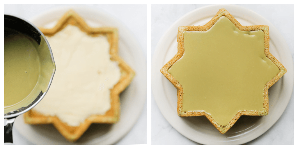 Warm de pistache spread in een steelpan op laag vuur tot het vloeibaar is. Doe deze in een spuitzak. Garneer de pistache cake met de pistache spread. Leg, de pistache cheesecake even in de koelkast of tot de topping stevig is.