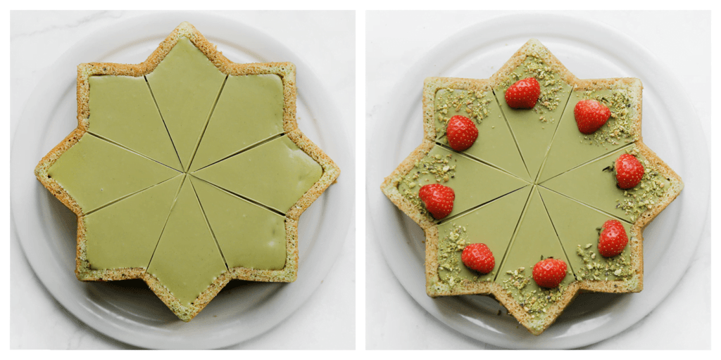 Snijd de pistache cheesecake aan en garneer met stukjes aardbei en fijngemalen pistachenoten.