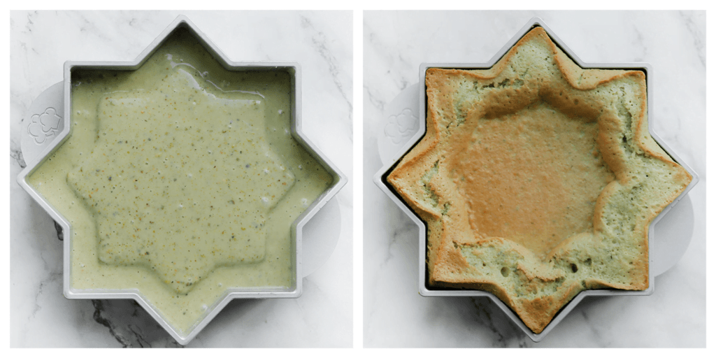 Leg de pistachecake in een voorverwarmde oven op 165 ℃. Bak in ca. 22-28 minuten gaar.