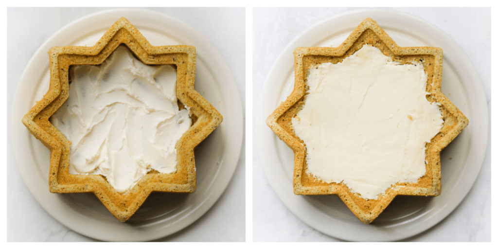 Neem de pistache cake en spuit er een laagje room op. Leg de cheesecake erop. Spuit er weer een laagje room over en verdeel gelijkmatig. Laat de pistache cheesecake, afgedekt, opstijven in de koelkast. Het liefst een nachtje.