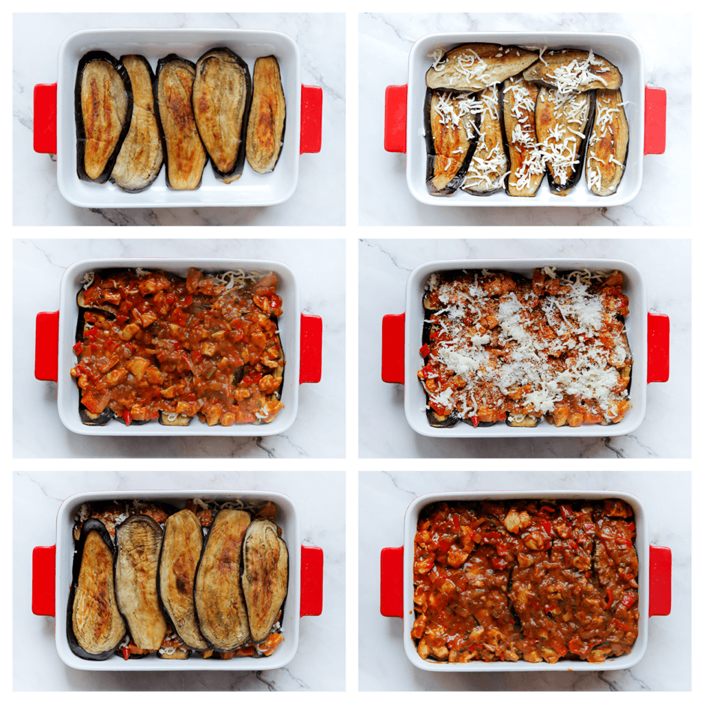 Neem de plakjes aubergine en verdeel deze over de bodem van een ovenschaal. Strooi er wat geraspte mozzarella en Parmezaanse kaas op. Verdeel er een laagje kipmengsel over en strooi er wat geraspte kaas op. Leg er weer een laag plakje aubergines op gevolgd door het kipmengsel.