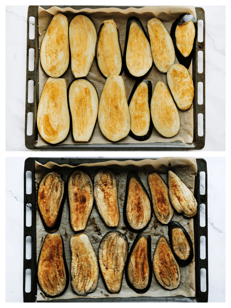 Zet de aubergine in een voorverwarmde oven op 200 ℃. Bak 20-25 minuten.