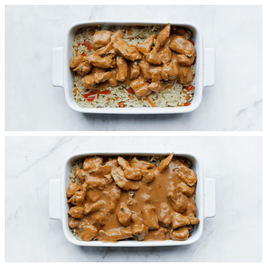 Verdeel het rijstmengsel over een ovenschaal met daarop het kipmengsel. 