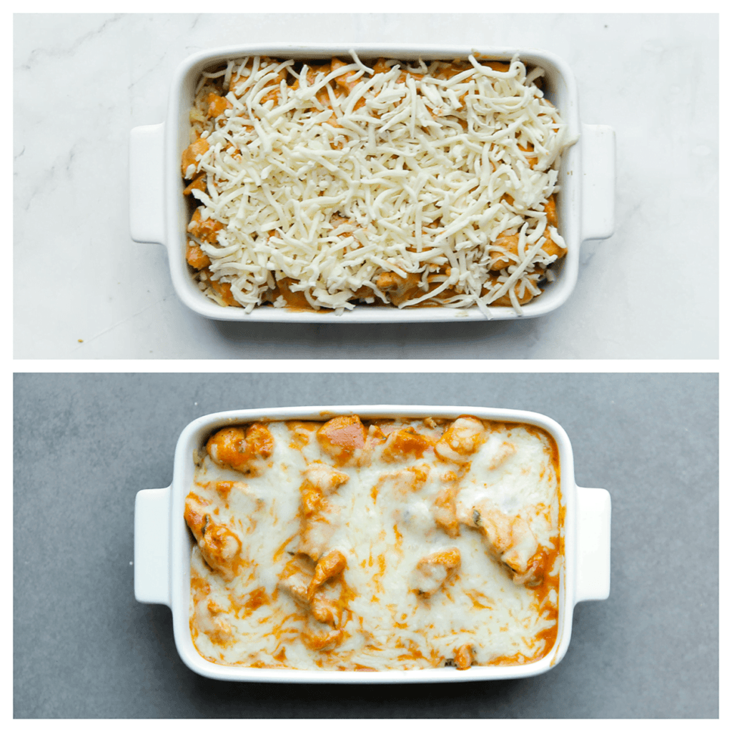 EXTRA: Top het af met geraspte kaas als je hier van houdt. Zet de rijst met kipschotel in een voorverwarmde oven op 200 graden. Bak 8-10 minuten of tot de kaas is gesmolten.