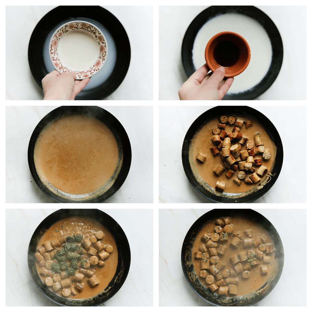 Voeg het maïzenamengsel, ongeklopte slagroom, oestersaus en ketjap manis toe. Kook tot de saus is ingekookt. Voeg de gesneden merguez toe. Kook 2-3 minuten. Haal de pan van het vuur en voeg de gedroogde peterselie toe. Meng goed.