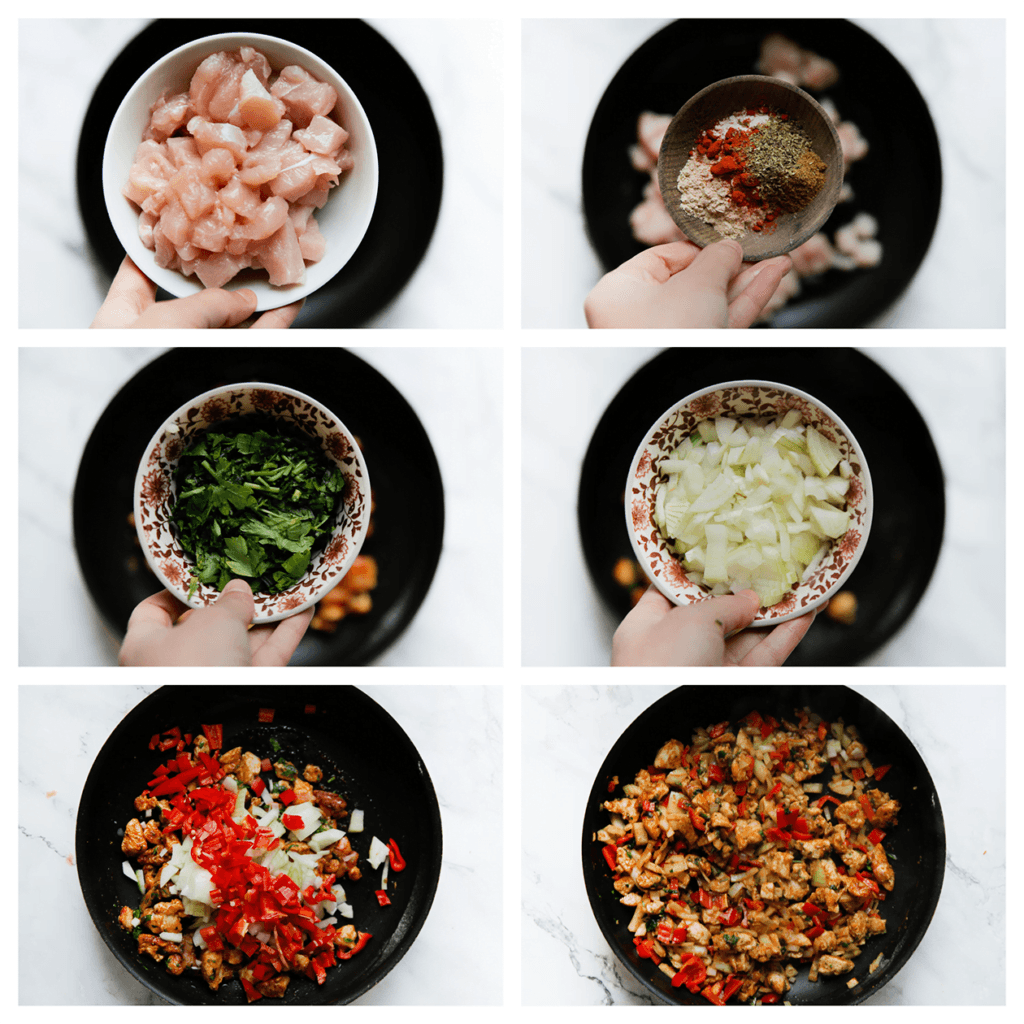 Verhit de olijfolie in een koekenpan op middelhoog vuur. Voeg de kip, uienpoeder, knoflookpoeder, zwarte peper, paprikapoeder, komijnpoeder en oregano toe. Bak 2 minuten. Voeg de peterselie, gele ui en rode puntpaprika toe. Bak 4 minuten of tot de kip gaar is.