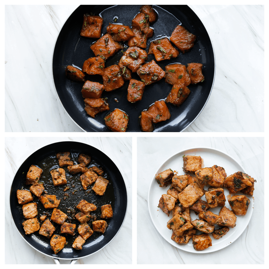 Verhit de olijfolie in een koekenpan op middelhoog vuur. Voeg de zalm toe en bak gaar. Schep de zalm uit de koekenpan.