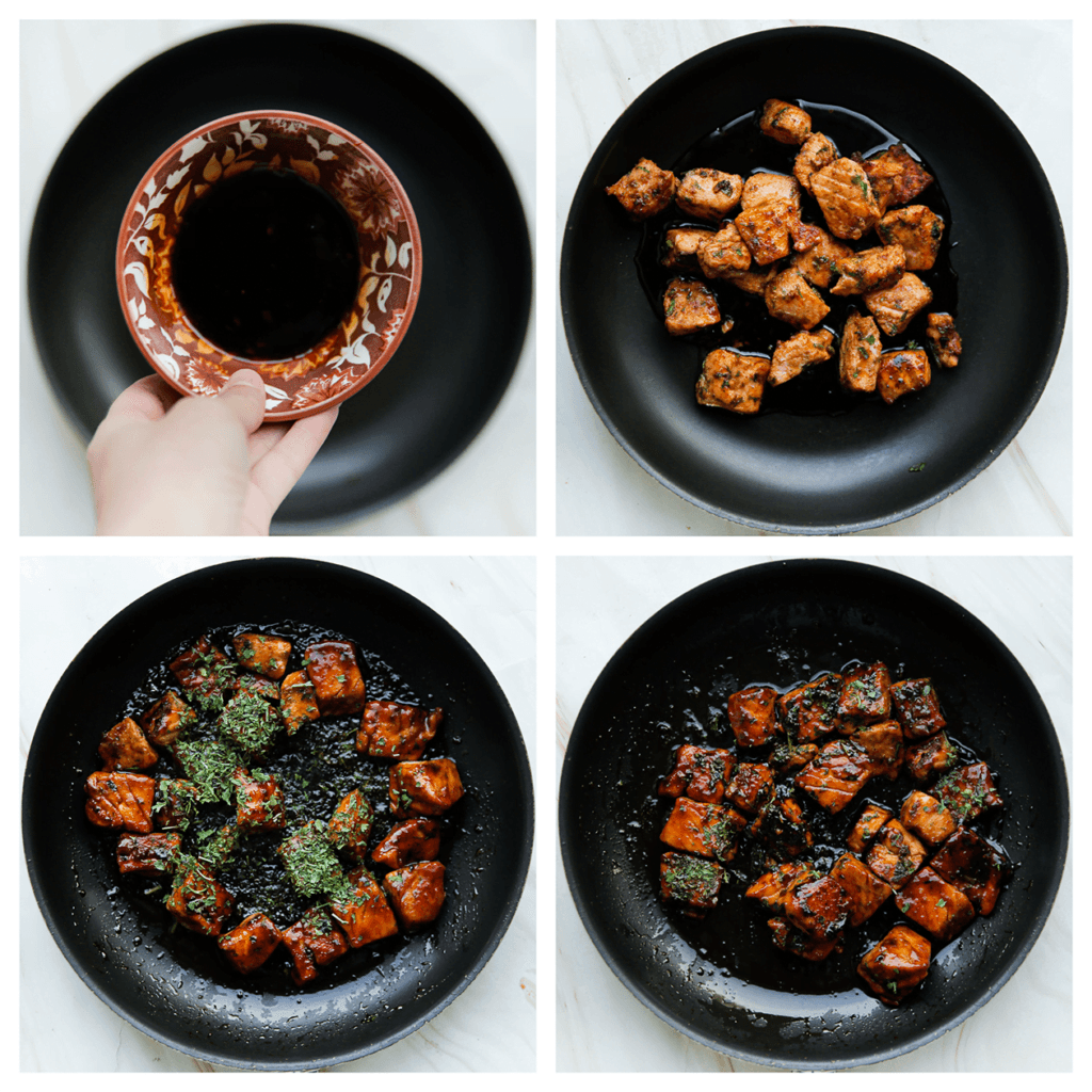 Verhit de ketjap manis samen met de chilisaus, oestersaus en honing op niet al te hoog vuur. Meng goed. Voeg de gebakken zalm toe. Meng tot een geheel. Haal de pan van het vuur en voeg de gedroogde bieslook toe. Meng goed.