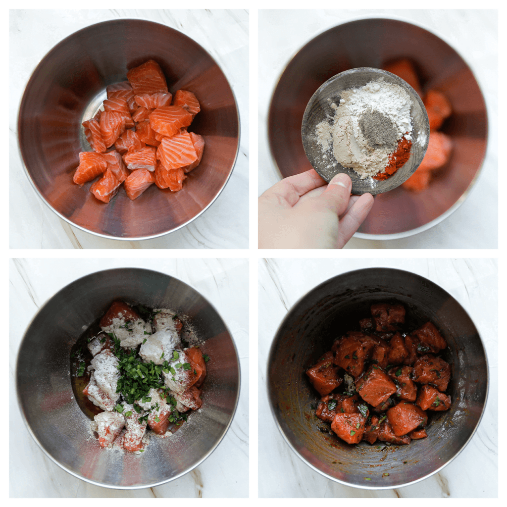 Snijd de zalm in blokjes en hak de peterselie fijn. Doe de zalm, het zout, knoflookpoeder, uienpoeder, de cayennepeper, olijfolie en peterselie toe. Meng goed.