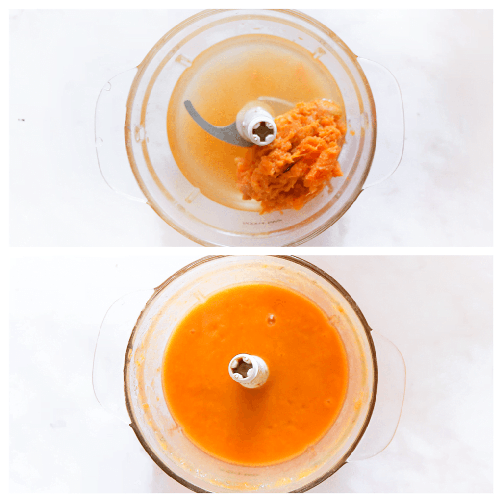 Doe de zoete aardappel samen met het water (240 ml) in een hakmolen. Maal fijn.