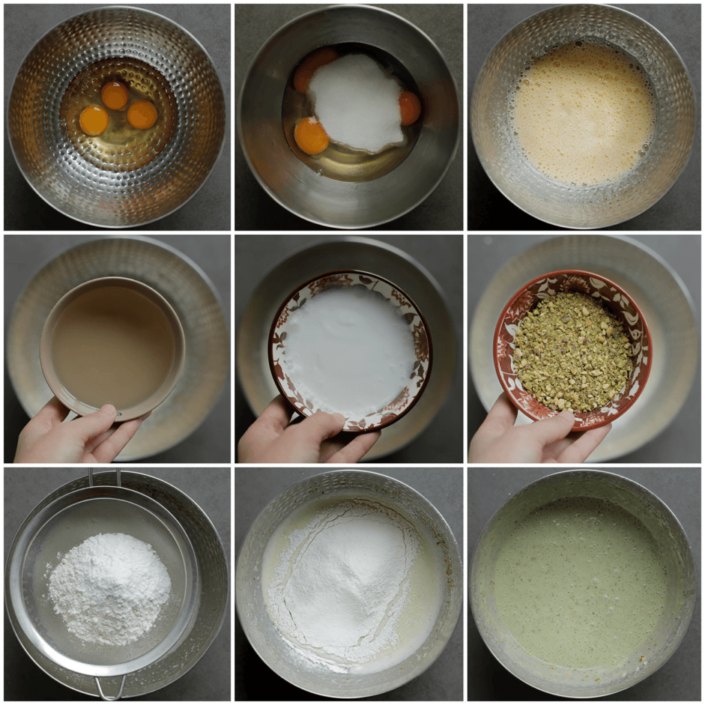 Breek de eieren boven een kom. Voeg de suiker en vanillesuiker toe. Mix 2 minuten. Voeg de yoghurt en zonnebloemolie toe. Mix 1 minuut. Voeg de fijngemalen pistachenoten toe. Mix goed. Zeef de bloem en het bakpoeder boven de kom. Mix tot een gladde massa.