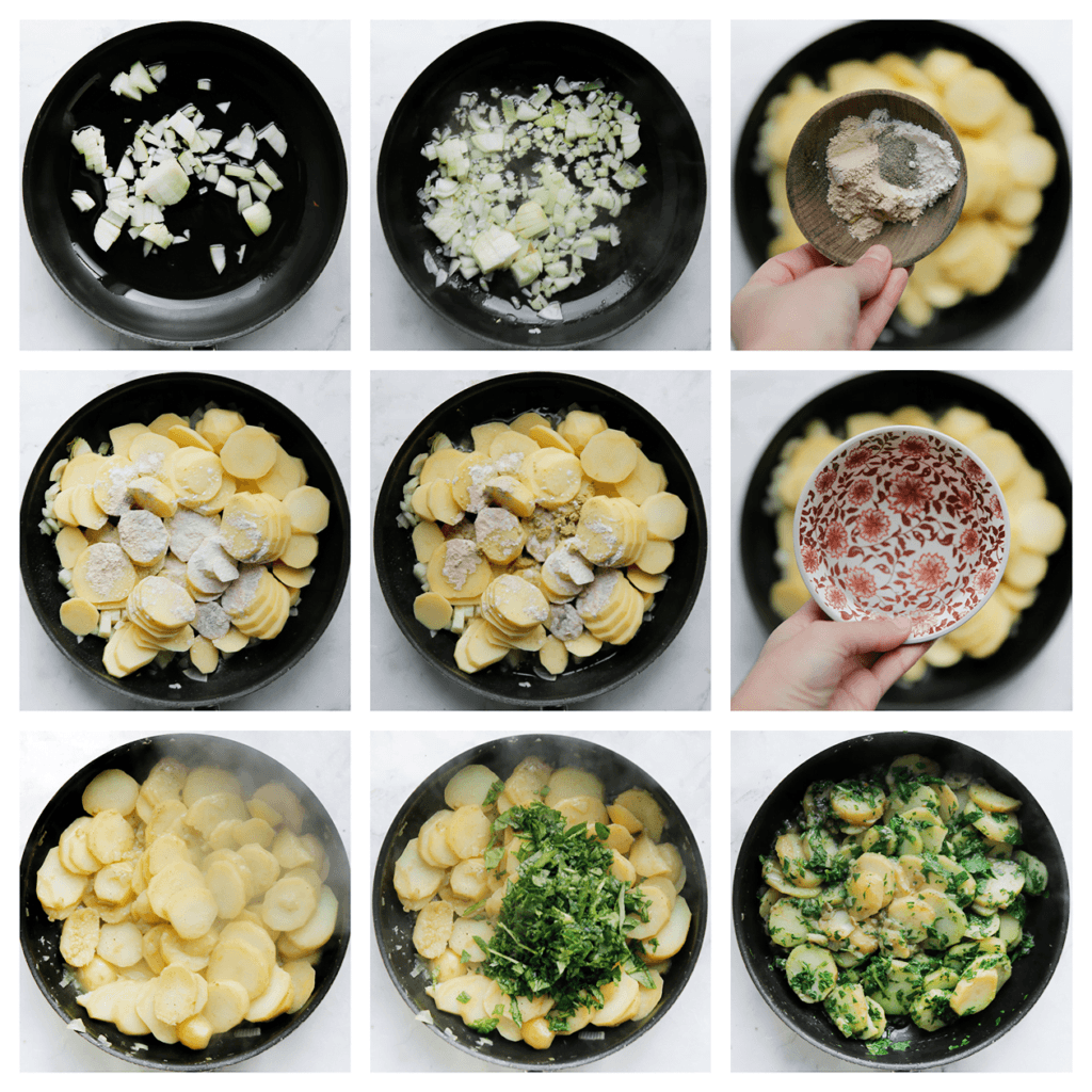 Verhit de olijfolie in een koekenpan op middelhoog vuur. Voeg de gele ui toe en bak 3-4 minuten. Voeg de aardappelschijfjes, uienpoeder, knoflookpoeder en zwarte peper toe. Verkruimel het groentebouillonblokje boven de koekenpan en voeg het water toe. Kook, afgedekt, 20-25 minuten. Roer tussendoor wel. Voeg de fijngesneden spinazie toe. Kook, afgedekt, 3 minuten.