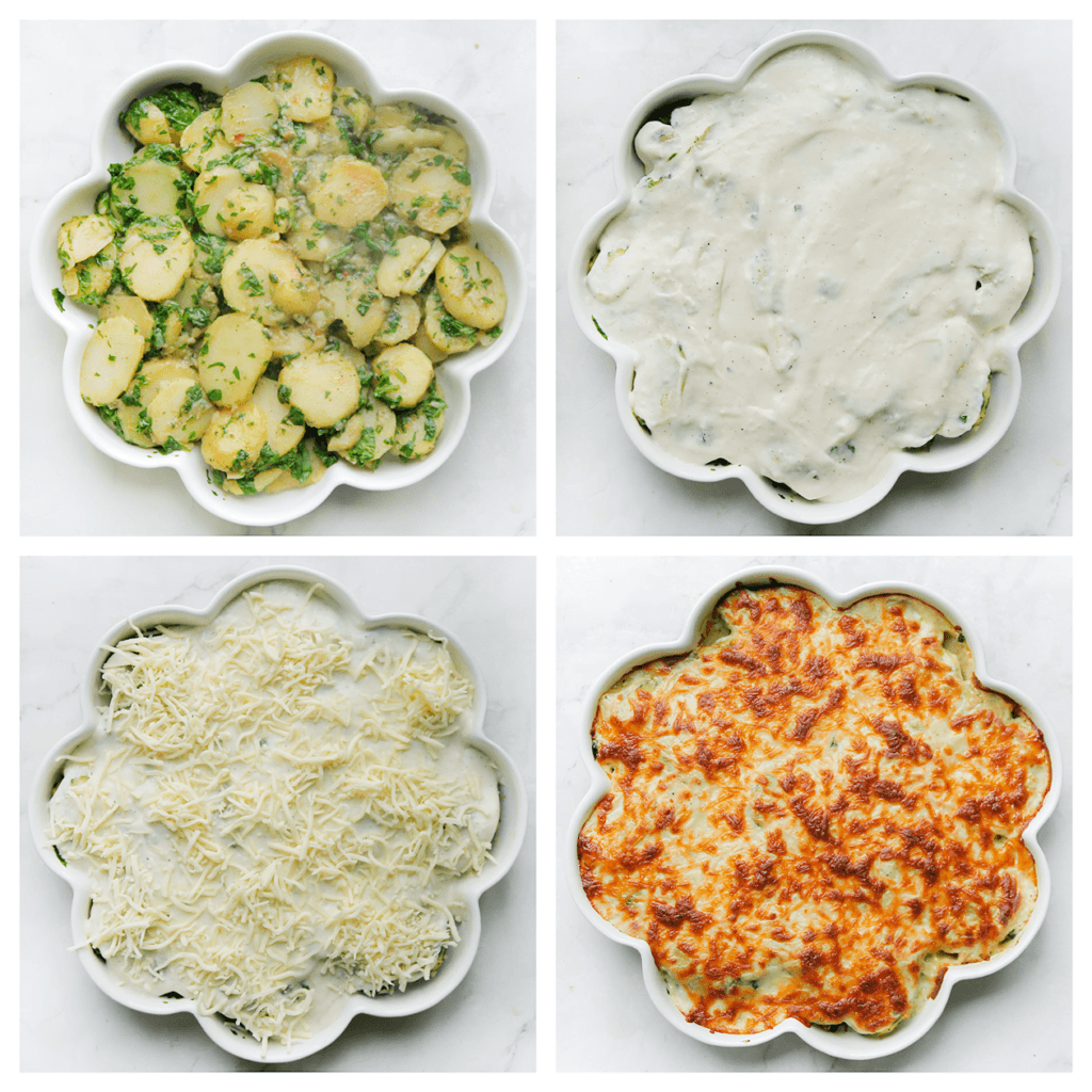 Verdeel de aardappelschijfjes over een ovenschaal en giet de saus erover. Strooi er geraspte mozzarella over. Zet de aardappelschotel in een voorverwarmde oven op 200 ℃. Bak 10-15 minuten of tot de aardappelschotel mooi goudbruin is gekleurd.