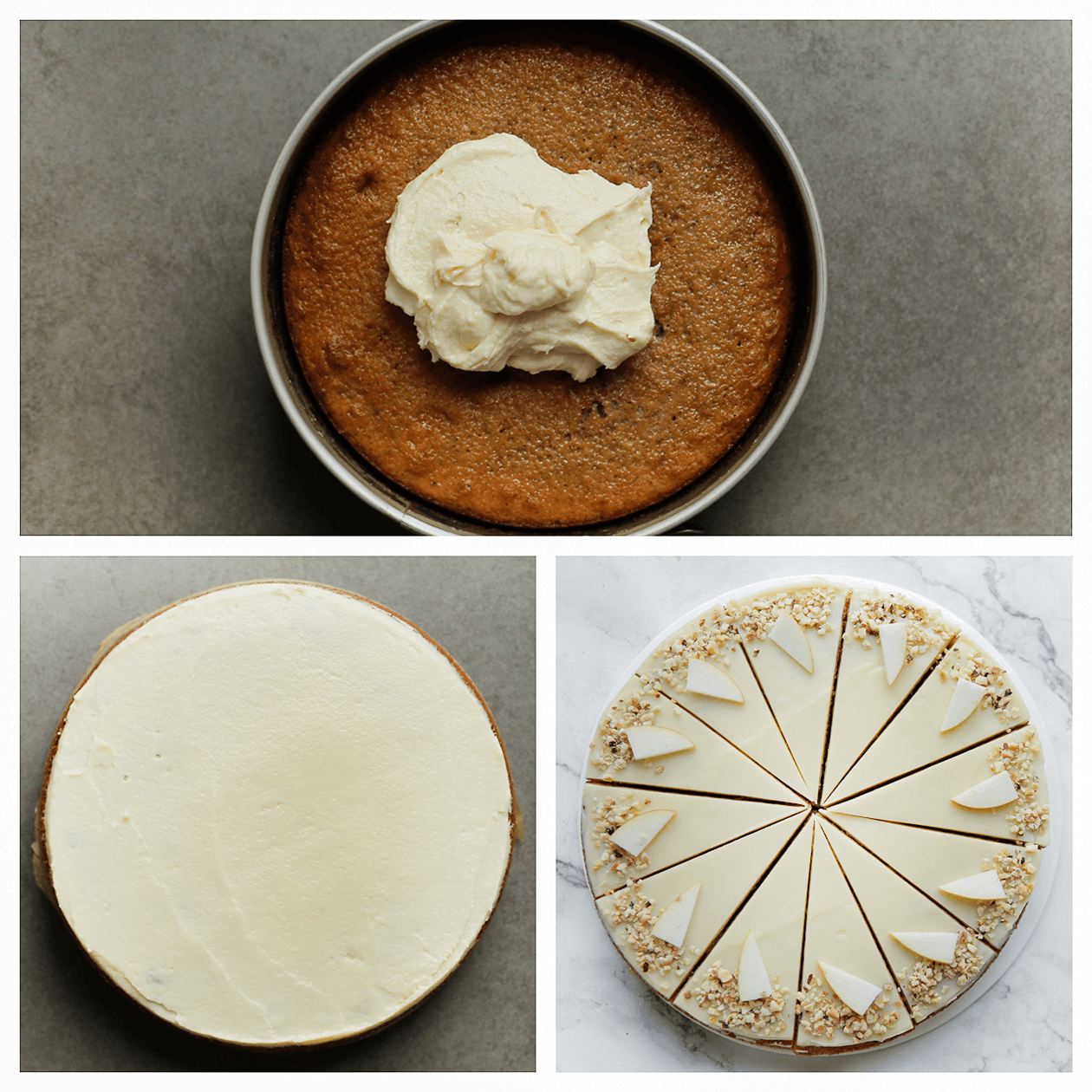 Cake garneren met room, nootjes en appel