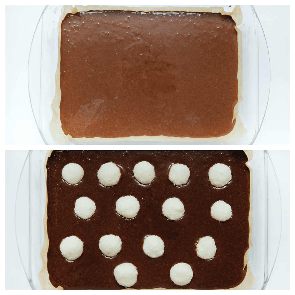 Doe het chocolademengsel in een ovenschaal met bakpapier. Verdeel de kokosbollen over het chocoladebeslag. 