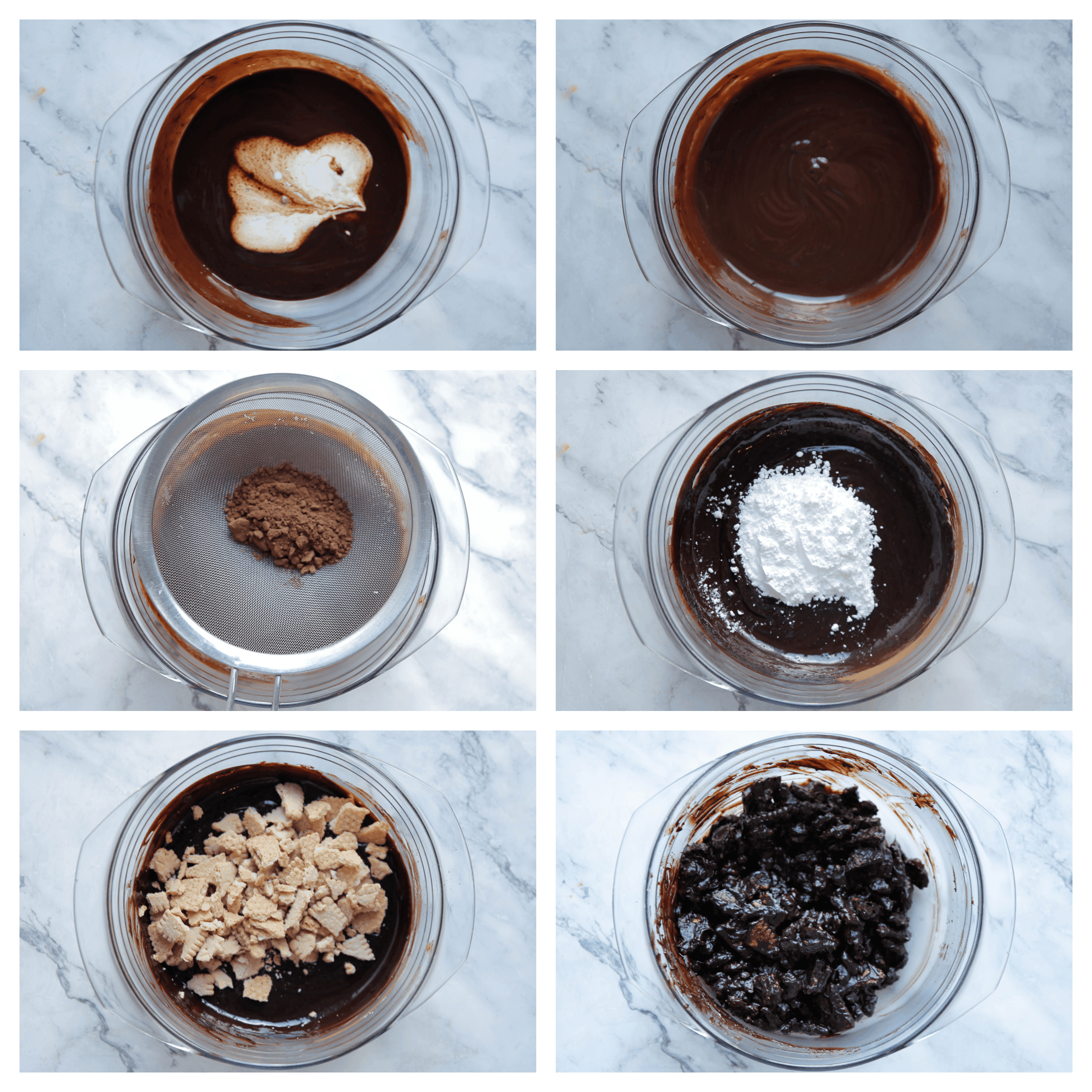 Chocolademengsel mengen met cacaopoeder, poedersuiker en koek tot een geheel