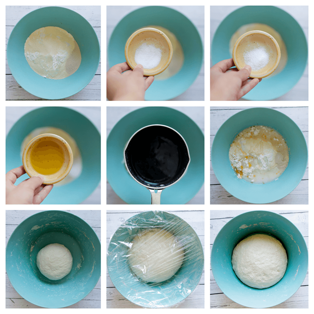 Doe de bloem, fijne griesmeel, gist, het zout, de suiker en olijfolie in een diepe kom. Voeg het lauwwarme water toe en kneed 10 minuten tot een samenhangend deeg. Dek het deeg af en laat 1 uur rijzen op een warme plek of tot het deeg in omvang is verdubbeld.