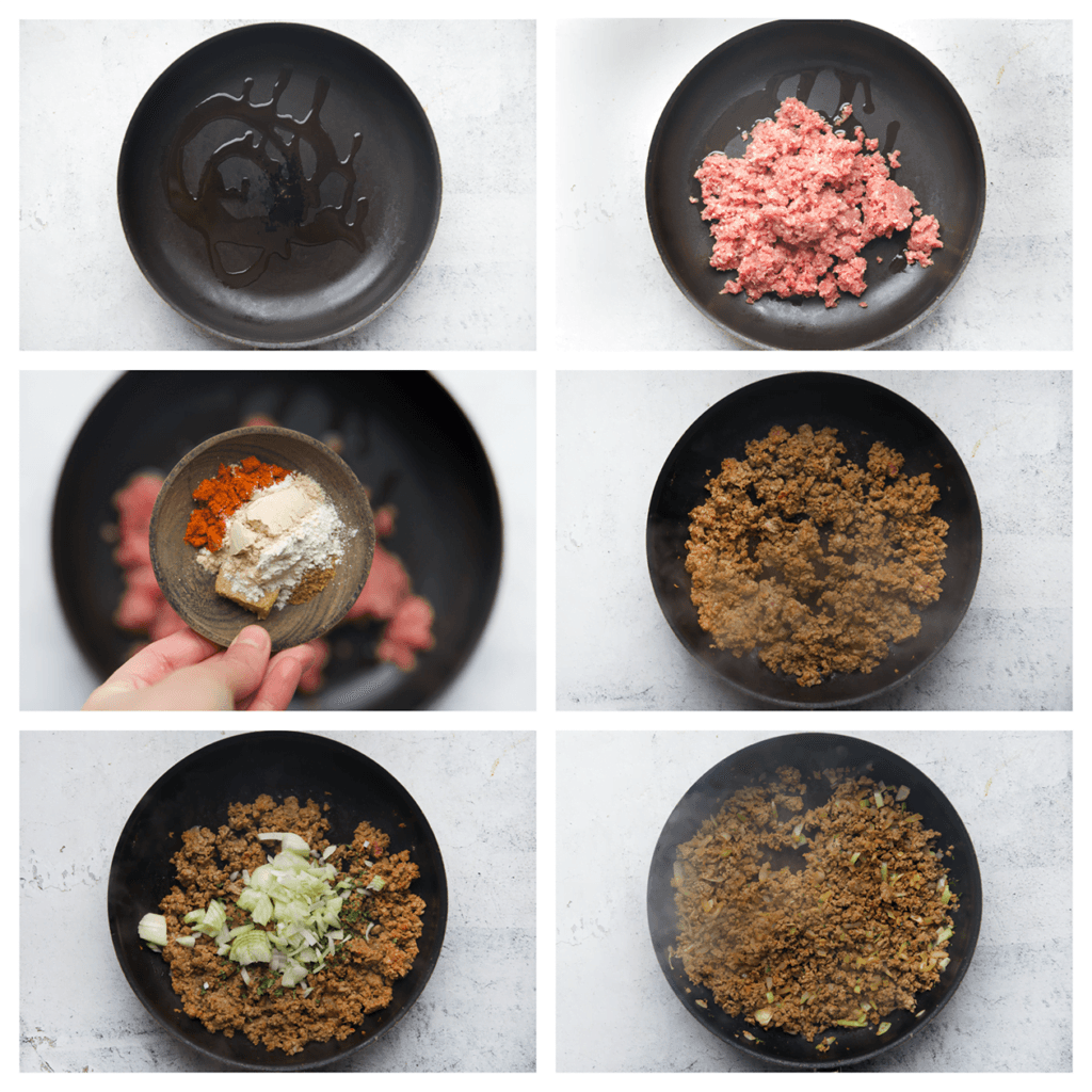 Verhit de olijfolie in een koekenpan op middelhoog vuur. Voeg het gehakt, uienpoeder, knoflookpoeder, paprikapoeder, de zwarte peper, komijnpoeder en het halve runderbouillonblokje toe. Meng goed. Bak 5-6 minuten. Voeg de gele ui en gedroogde peterselie toe. Bak 2 minuten.