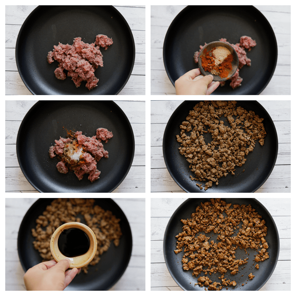 Verhit de olijfolie in een koekenpan op middelhoog vuur. Voeg het gehakt, de komijnpoeder, cayennepeper, zwarte peper, knoflookpoeder en het zout toe. Bak 8 minuten. Voeg de ketjap manis toe en bak 1 minuut.