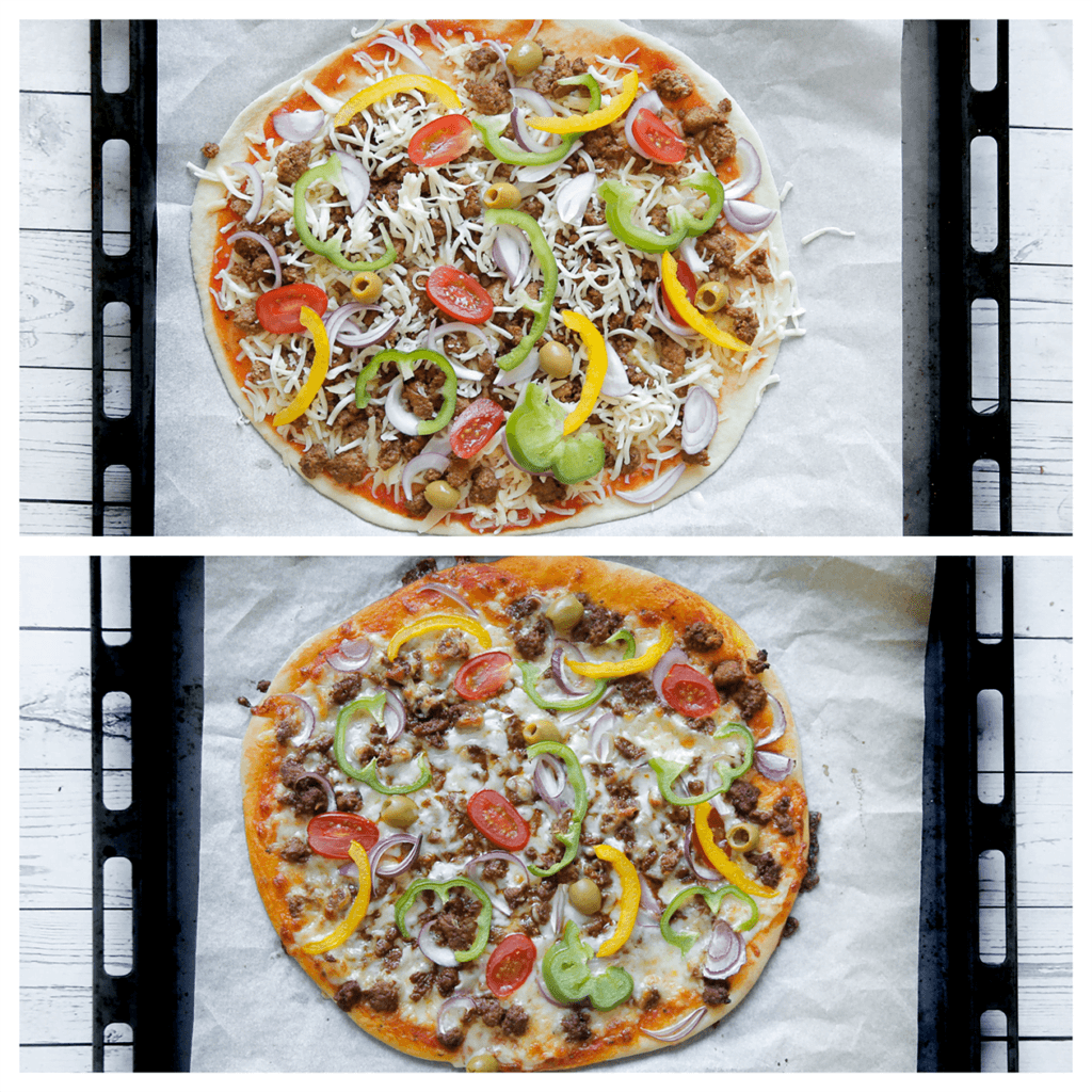 Zet de gehakt pizza’s in een voorverwarmde oven op 225℃. Bak 10-15 minuten.