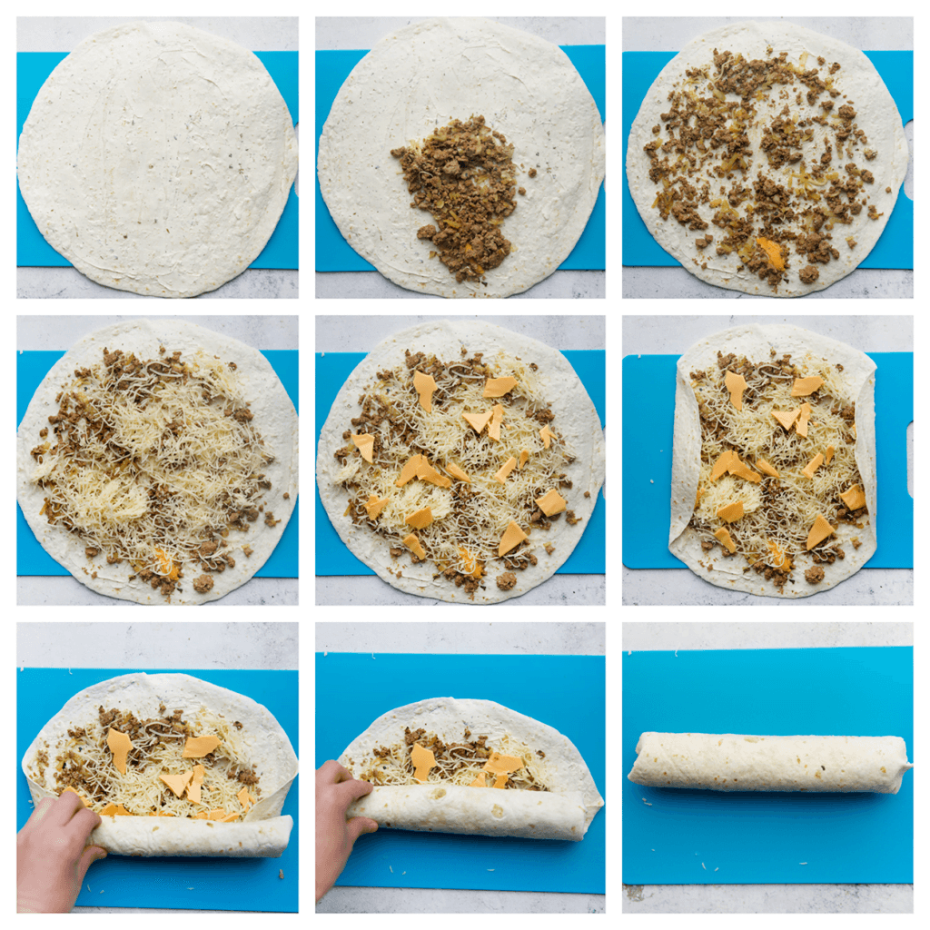 Neem een durum wraps en smeer er een laagje kruidenroomkaas over. Verdeel het gehakt erover. Strooi er geraspte kaas op (bepaal zelf welke kaas).