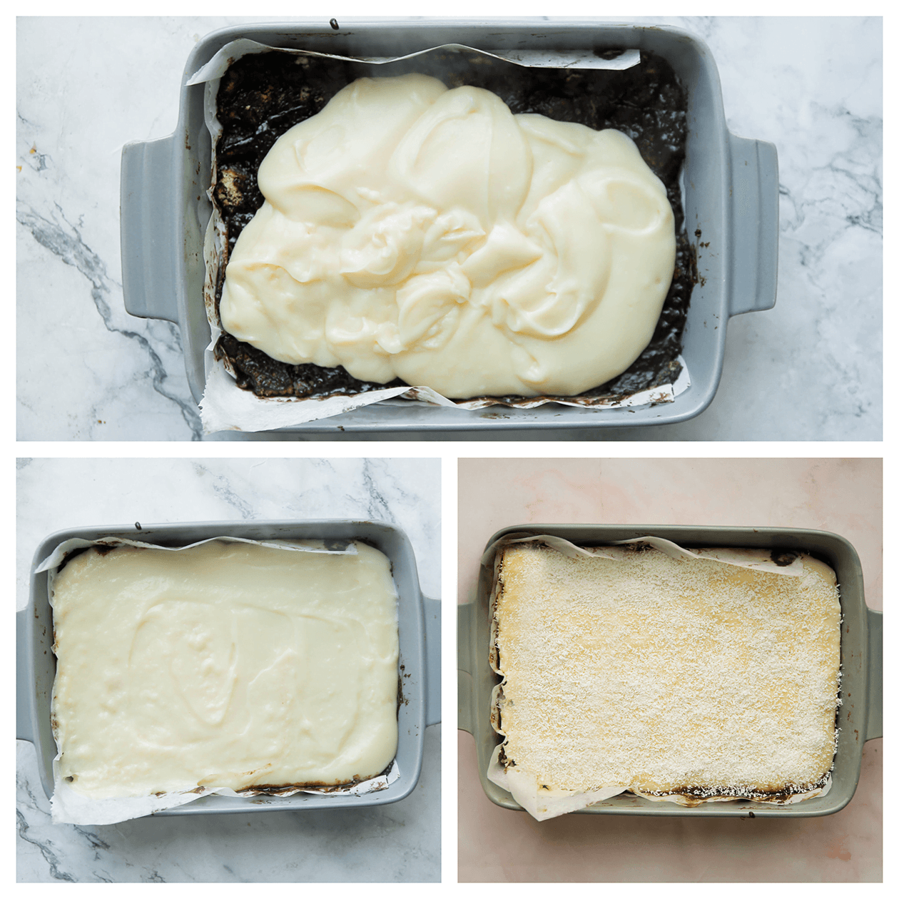 Gele room en geraspte kokos verdelen over het chocolademengsel