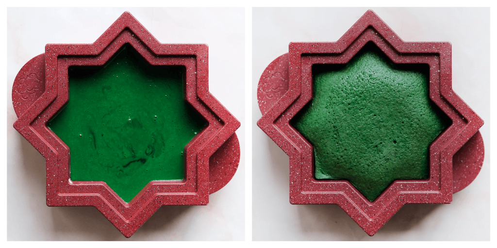 Vet de andere gedeelte (buitenkant) van de bakvorm in en giet het overige beslag erin ( 200+ gr). Doe de cake in een voorverwarmde oven op 160 ℃. Bak 15-20 minuten of tot je er met een satéprikker in prikt en er droog uitkomt. Laat de cake afkoelen.