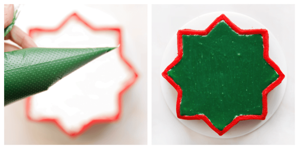 Verdeel de groene ganache eerst aan de zijkanten van de ster en dan de rest. Leg, afgedekt, in de koelkast. Het liefst een hele nacht, zo snijd je er mooiere punten uit.