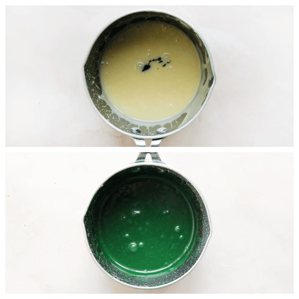 Breng de ongeklopte slagroom (50 ml) in een steelpan tot tegen de kook aan. Haal de steelpan van het vuur en voeg de stukgemaakte witte chocolade (100 gr) toe. Laat 1 minuut. Roer tot een gladde massa. Voeg wat groene kleurstof toe en meng goed. Doe de groene ganache in een spuitzak.