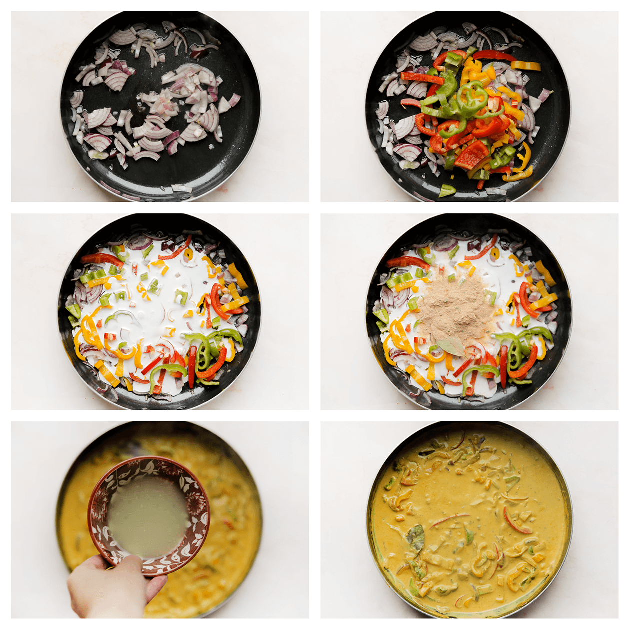 Groenten bakken en koken in een kokosmelksausje met verse kruiden