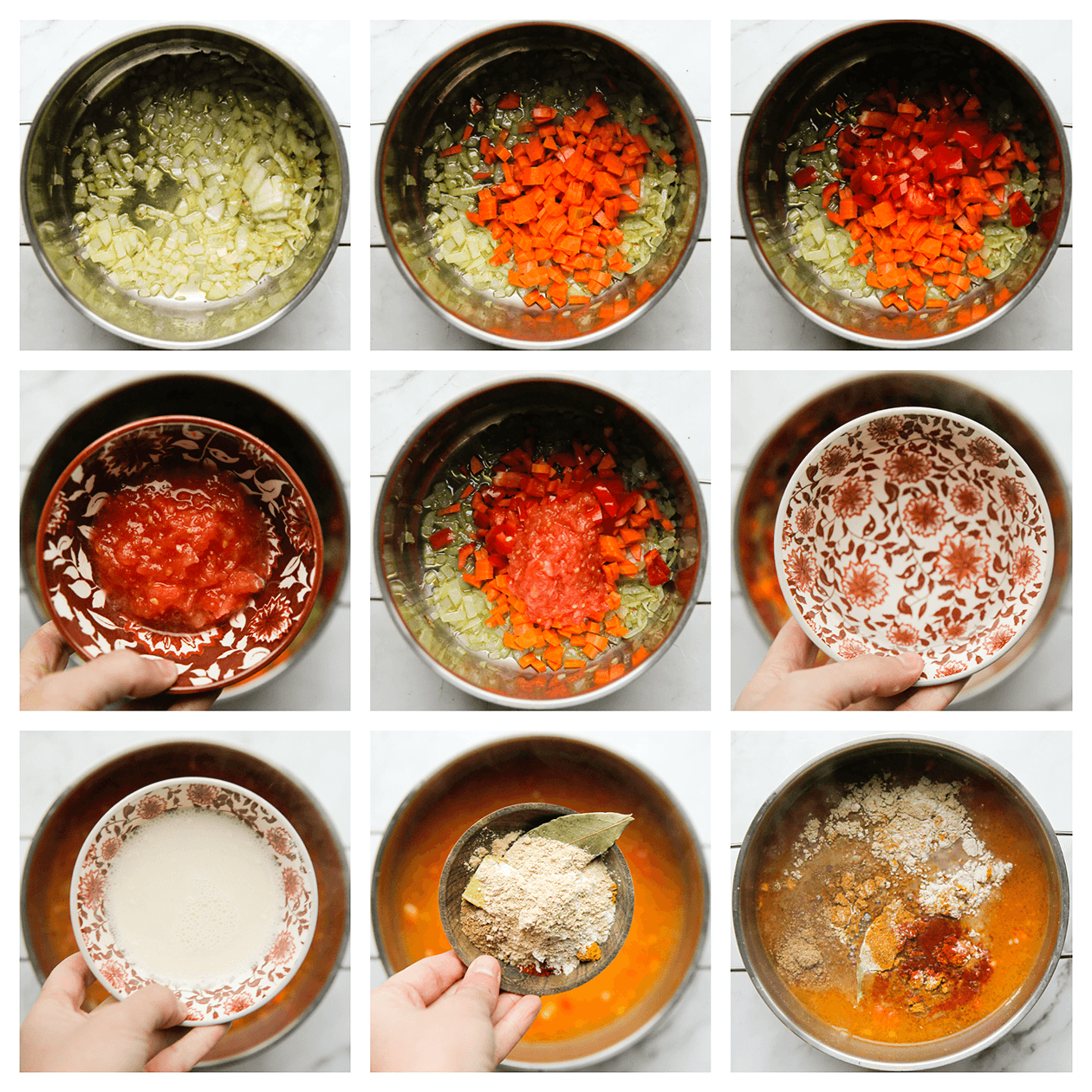 Groenten bakken en koken in water en verse kruiden voor het vissoepje