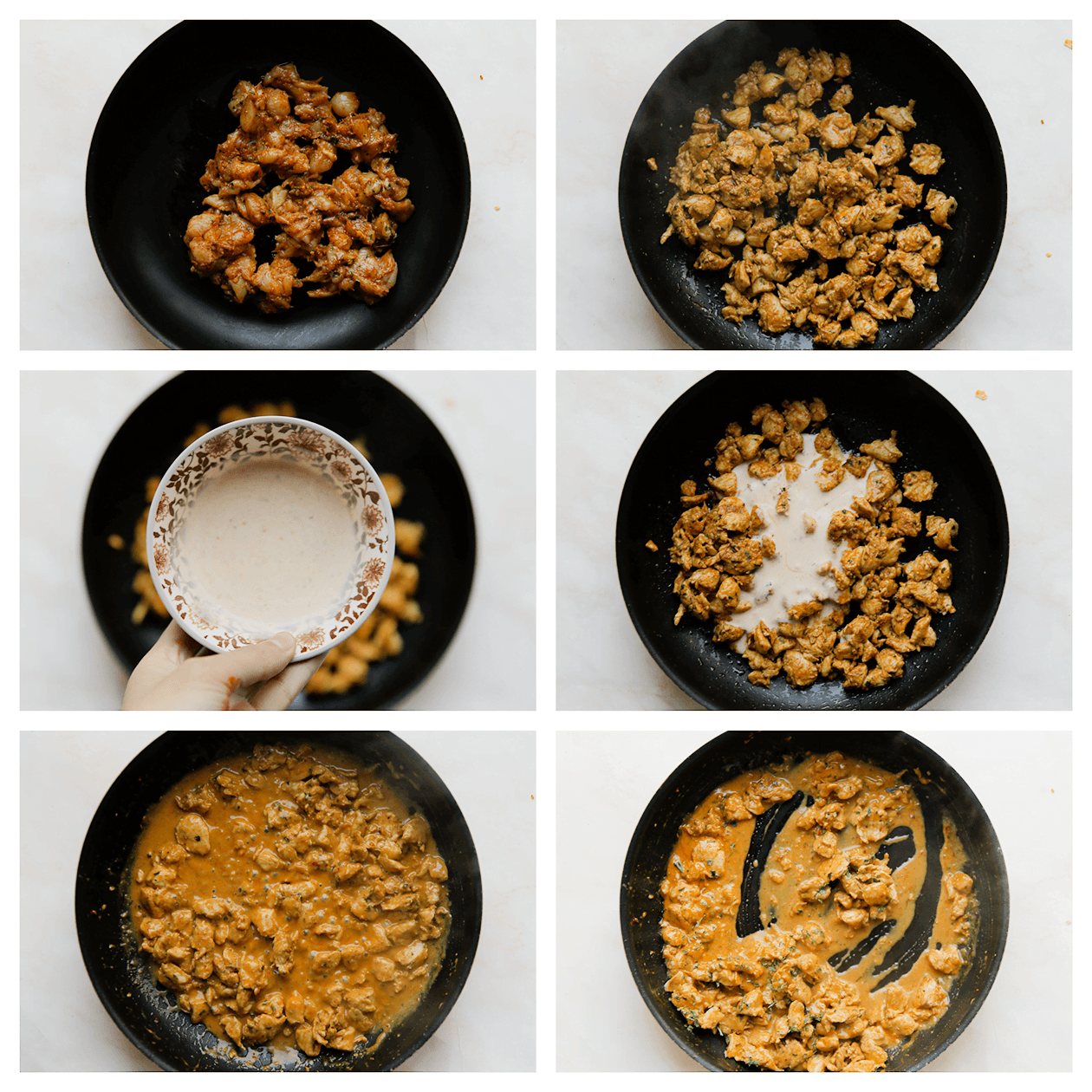 Kip gaar bakken en dan koken in saus