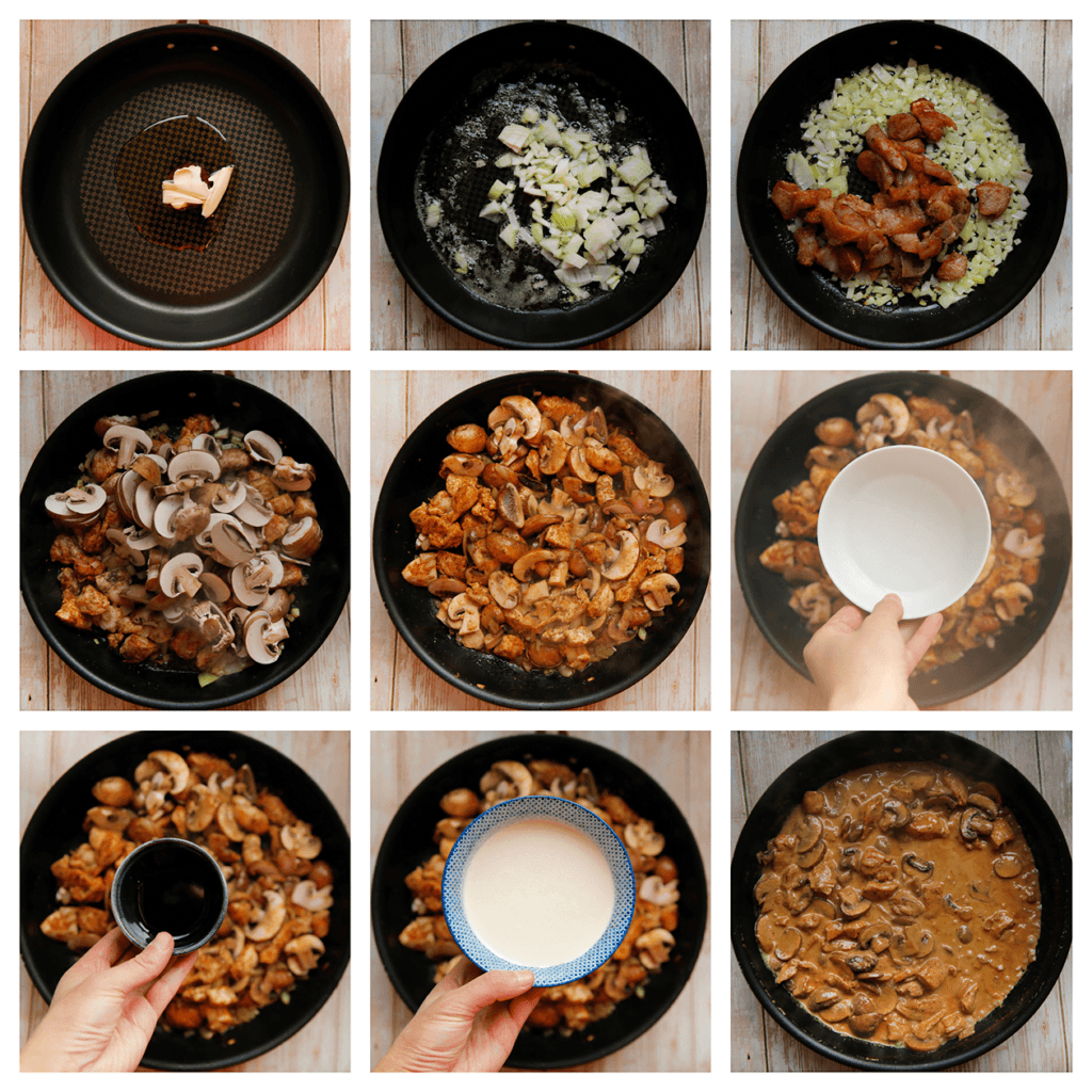 Verhit de olijfolie samen met de roomboter in een koekenpan op middelhoog vuur. Voeg de gele ui toe en bak 3 minuten. Voeg de kip toe en bak 4 minuten. Voeg de kastanjechampignons toe en bak tot ze zacht zijn. Voeg het water, ketjap manis en ongeklopte slagroom toe. Kook tot de saus is ingedikt (zonder deksel).