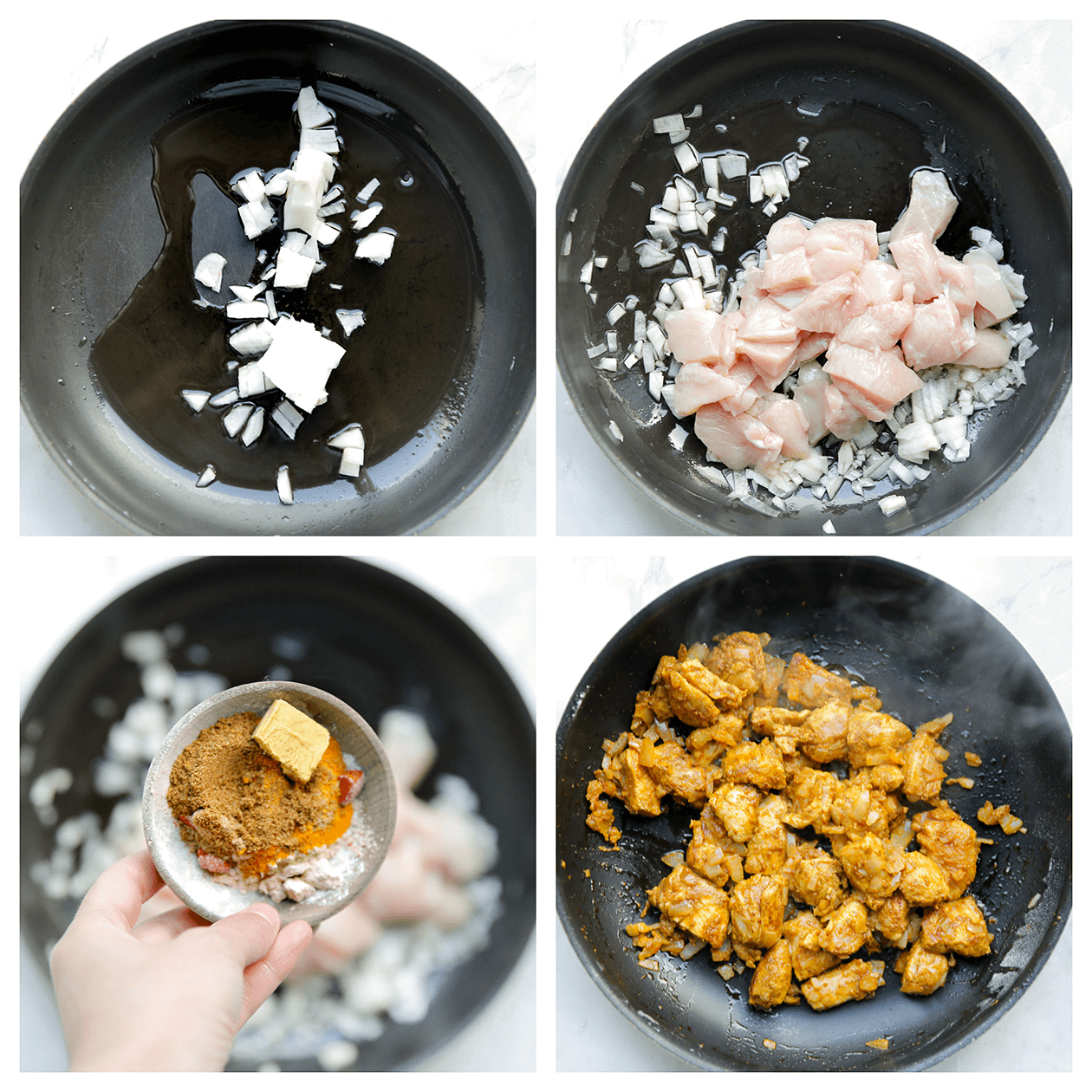 Kip kort bakken met gele ui in een koekenpan